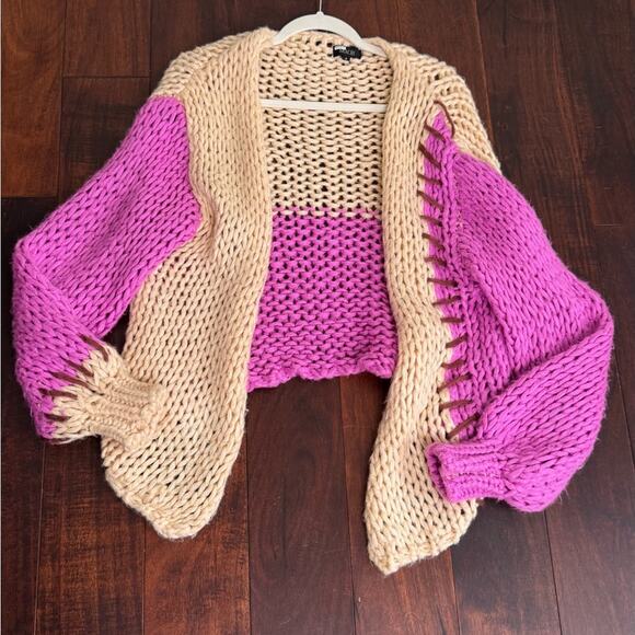 SAACHI Colorblock Patchwork Chunky Open-Front Oversized Small Cardigan Sweater - Picture 6 of 8